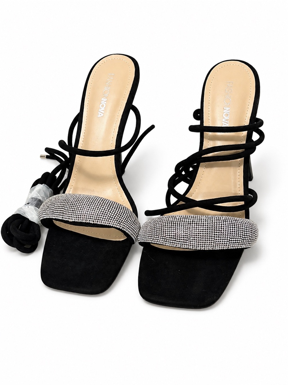 Black Strappy Rhinestone Accent Heeled Sandals